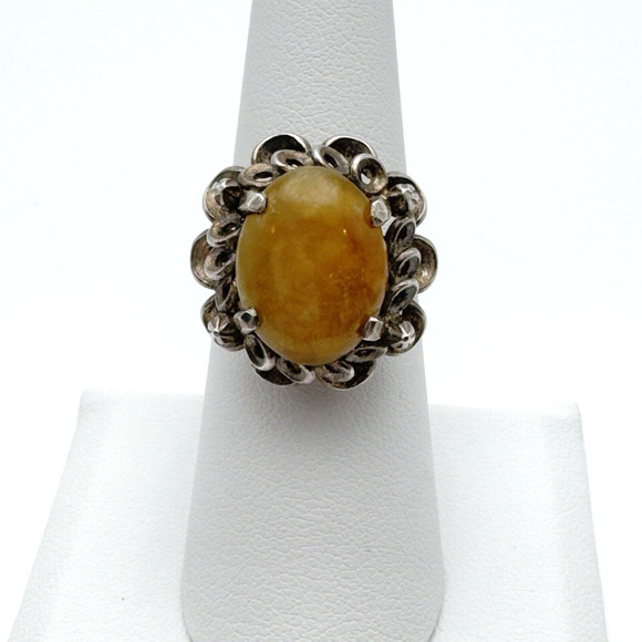 Vintage Jewelry - Vintage 1960-70 Sterling Silver Yellow Stone Ring Sz 6.75 Retro Ornate Metalwork
